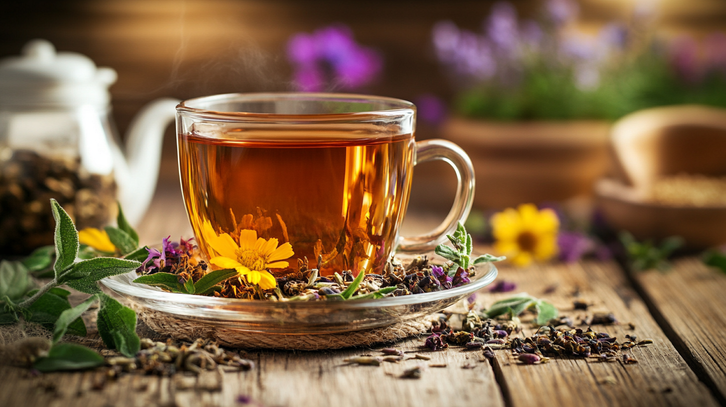 A steaming cup of chamomile tea with fresh chamomile flowers on a wooden tray, symbolizing relaxation and comfort.