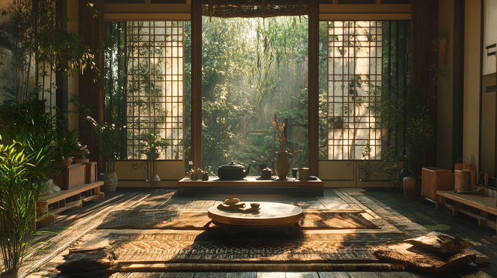 A serene traditional Chinese tea room bathed in soft sunlight, featuring a rustic wooden tea table with teaware, surrounded by lush greenery and bamboo.