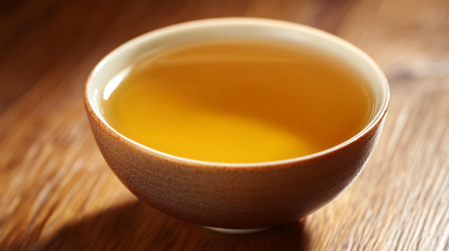 Close-up of a steaming cup of golden oolong tea in a ceramic bowl.